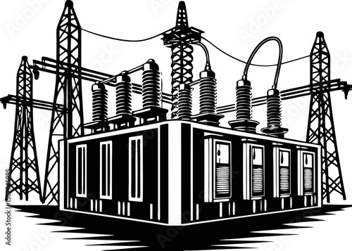 Industrial Power Station Illustration with Electrical Towers - Energy Network