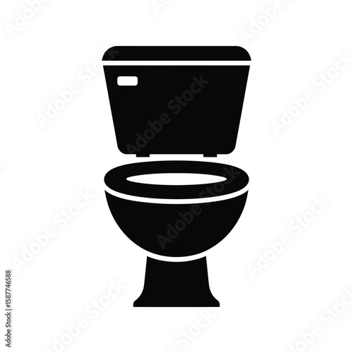 Black Toilet Silhouette Icon with Open Lid Isolated on White Background