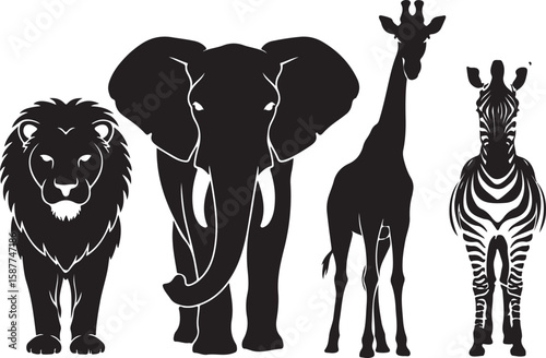 Lion elephant giraffe zebra stylized silhouette safari animals