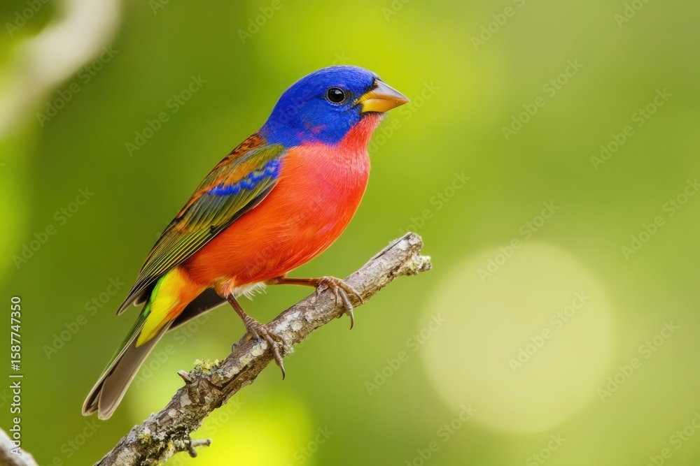 Obraz premium Side view of male painted bunting on a branch, bright daylight, natural pose