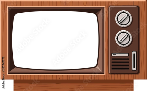 Illustration of a vintage television set with wooden frame and control knobs on white