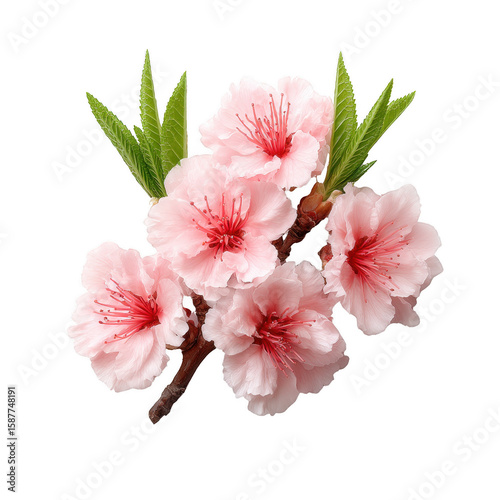 Cherry blossom branch with delicate pink flowers and fresh green leaves on a white isolated background.