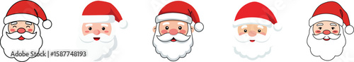 Four cartoon Santa Claus faces with different expressions.