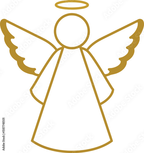 Simple golden outline illustration of an angel with wings and a halo.
