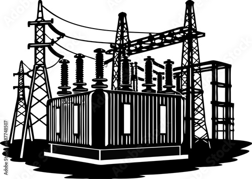 Industrial Power Station Illustration with Electrical Towers - Energy Network