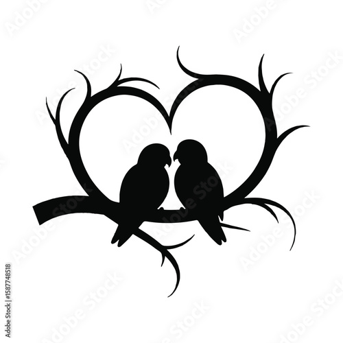 Two silhouetted lovebirds perched on a branch forming a heart shape
