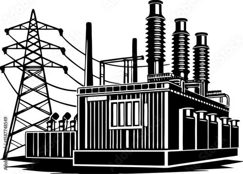 Industrial Power Station Illustration with Electrical Towers - Energy Network