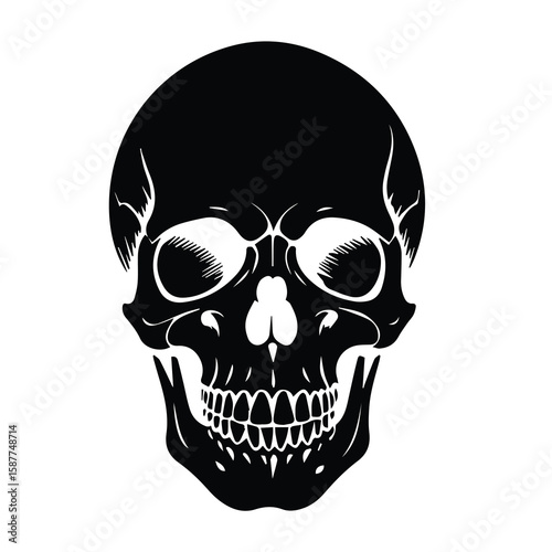 Black and white graphic skull illustration of a human skull with detailed features, displayed against a plain white background. Detailed silhouette of a skull head-on view.