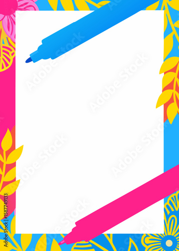 Colorful Decorative Frame with Markers and Tropical Leaves for Creative Projects, Art Education, Social Media Graphics, and Personalized Designs  