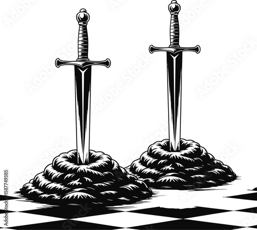 Two swords stuck in mounds on a chessboard black and white illustration