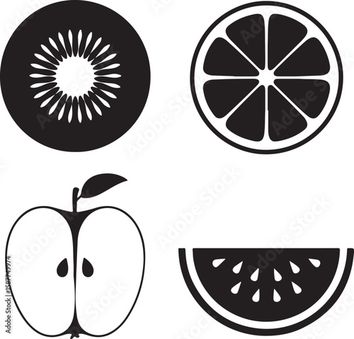 Sliced kiwi orange apple watermelon icons fruit