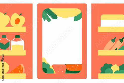 Illustration of refrigerator background showcasing various items and shelves. Refrigerator background art includes vibrant fruits and vegetables arranged inside appliance.