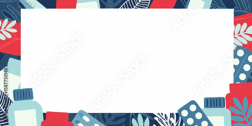 Medicine border with pills and bottles framing blank white space. Colorful medicine border showcases medications and floral elements, ideal for health-related content, adding visual appeal.