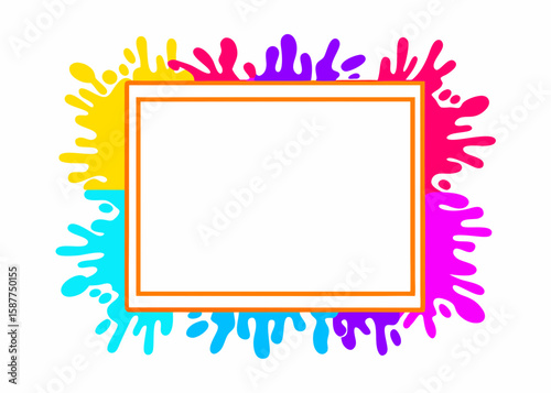 Paint splash frame features an empty rectangle with vibrant splatter art surrounding it. Paint splash frame provides a unique backdrop for text or images, using colors like pink, blue, yellow,
