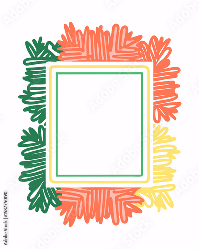 Square frame design with coral, green, and yellow scribble leaf elements around central blank space. Square frame for text or image offers a simple aesthetic.