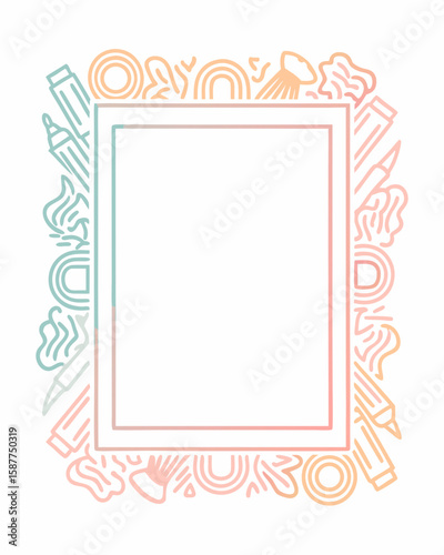 Linear design frame, created with geometric patterns and artistic instruments and linear design frame. Linear design frame is adorned with gradient colors.