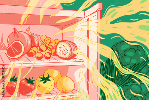 Spoiled food depicted on shelves, including fruits and vegetables. The spoiled food illustration shows produce rotting in refrigerator.