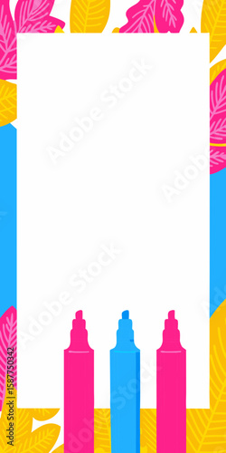 Colorful stationery frame featuring pink, yellow and blue colors and floral ornaments is ideal for creative projects. Colorful stationery frame on white space for text and art,