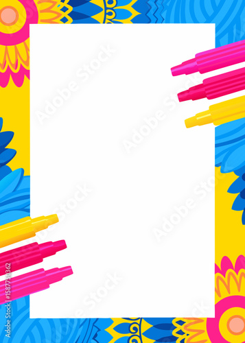Colorful frame with markers for bright designs or invitations. Eye-catching colorful frame is adorned with festive decoration and pink and yellow markers, perfect for school, educational themes,