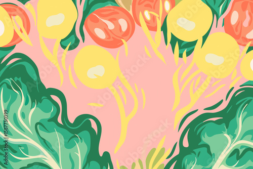 Vibrant salad ingredients in artistic arrangement with tomatoes, lettuce, and onions showcased. Salad ingredients are arranged artistically with vibrant colors and soft gradients, evoking freshness,