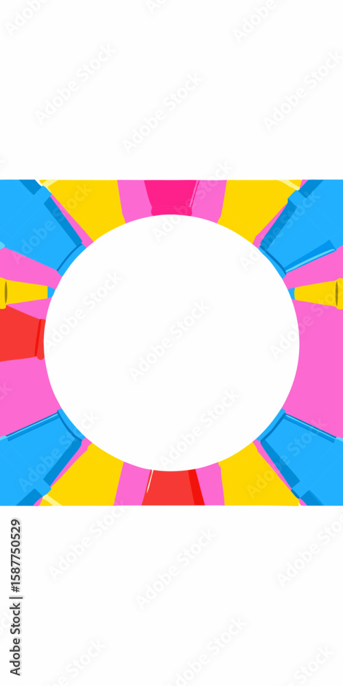 Colorful frame with circle in center. Geometric colorful frame has radial pattern with pink, yellow, red, and blue tones, and would be ideal for adding custom text.