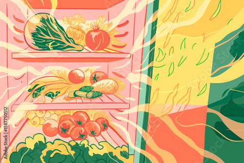 Refrigerator with food on shelves, showcasing freshness, vibrant colors, and organized placement of products. Refrigerator products, from greens to fruits, suggest healthy eating, proper storage,