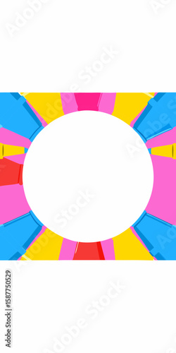 Colorful frame with circle in center. Geometric colorful frame has radial pattern with pink, yellow, red, and blue tones, and would be ideal for adding custom text.