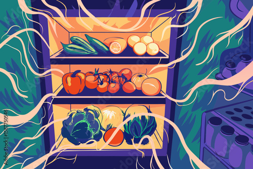 Fresh food storage showcases vibrant vegetables and fruits inside open refrigerator. Fresh food storage includes tomatoes, cucumbers, and leafy greens, emphasizing healthy eating habits.