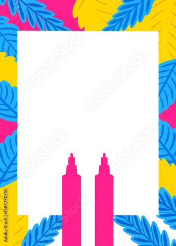 Bright colorful frame with pink markers and blue leaves on yellow and pink background. Colorful frame adds vibrant touch. Use this colorful frame for summer party invites or social media promotions.