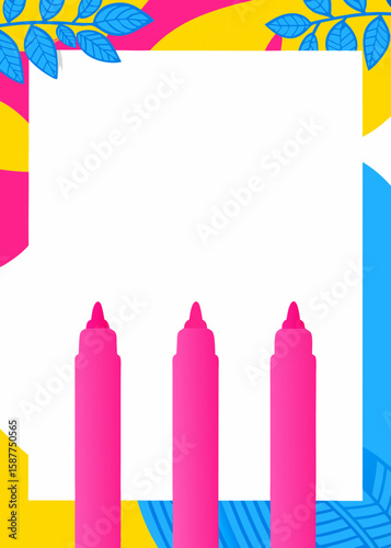 Colorful background design featuring pink markers for creative mockups. Colorful background is suitable for invitations, announcements, or presentations with space for text.