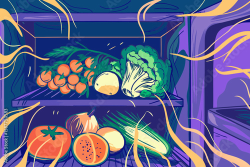 Colorful fridge illustration filled with fresh vegetables and fruits, tomatoes and onions. Fridge illustration represents healthy food storage, promoting healthy lifestyle.