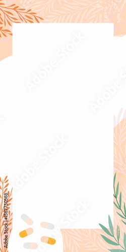 Pill frame arrangement of capsules with pastel background is stylish. Pill frame includes organic botanical decoration and layout with medical capsules. Pill frame concept for health care,