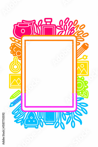 Colorful frame with art supplies. This colorful frame includes an assortment of creative tools, such as paintbrushes, pencils, and design elements.