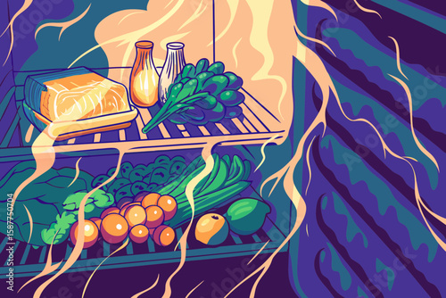 Overstocked refrigerator, overflowing with food, presents a chaotic abundance of items and goods. Overstocked refrigerator includes fresh produce, dairy products, and condiments,