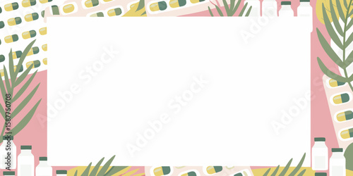 Medicine frame featuring assorted pill capsules, bottles and palm leaves around blank text box. This medicine frame is ready for inserting text, use pink background to emphasize design.