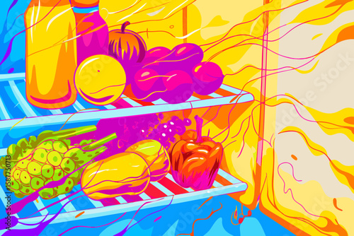 Healthy eating in refrigerator, various fruits and vegetables on shelves for balanced diet. Healthy eating ingredients include citrus fruits, peppers, pumpkins, and broccoli for well-being.