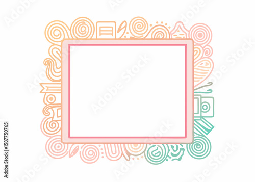 Doodle frame creates a whimsical and artsy design element. Doodle frame includes hand drawn elements, swirls, and shapes in pastel colors, making it suitable for children's book illustration,