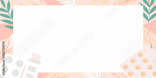 Pills background with medical capsules and pink leaves for healthcare concept. Pills background displayed with medicines in blister packs, leaves, and white rectangular space for text.