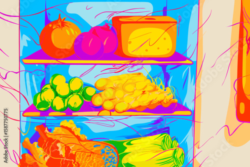 Digital illustration shows Refrigerator with food: tomato, onions, grapes and zucchini, showing Refrigerator with food on shelves.