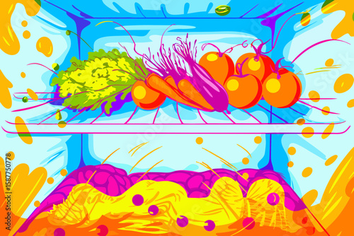 Fresh produce inside refrigerator showcases vegetables and fruits in abstract art. Fresh produce arranged inside open fridge with tomatoes, carrots, and lettuce in bright colors.