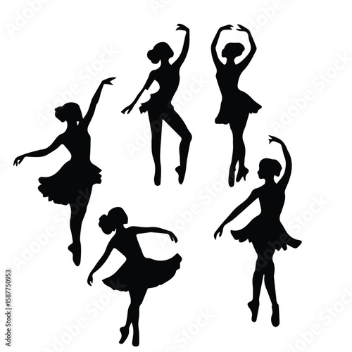 Ballet dancers in silhouette, various poses on a white background. Silhouette of young ballerinas in pointe shoes and tutus, performing graceful poses against a white backdrop.
