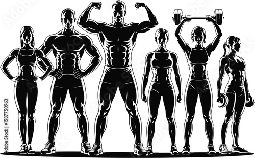Group of athletic men and women in a gym black and white vector