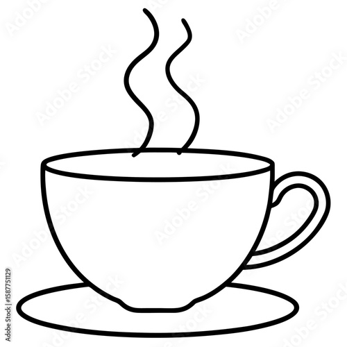 Minimalist line art illustration of a steaming teacup with a handle and saucer isolated on white background