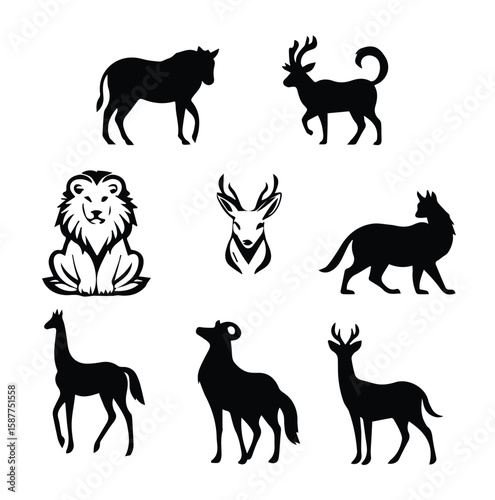 Black and white silhouette illustrations of various wild animals in profile views. Silhouette of diverse animals in a wildlife or zoological illustration.