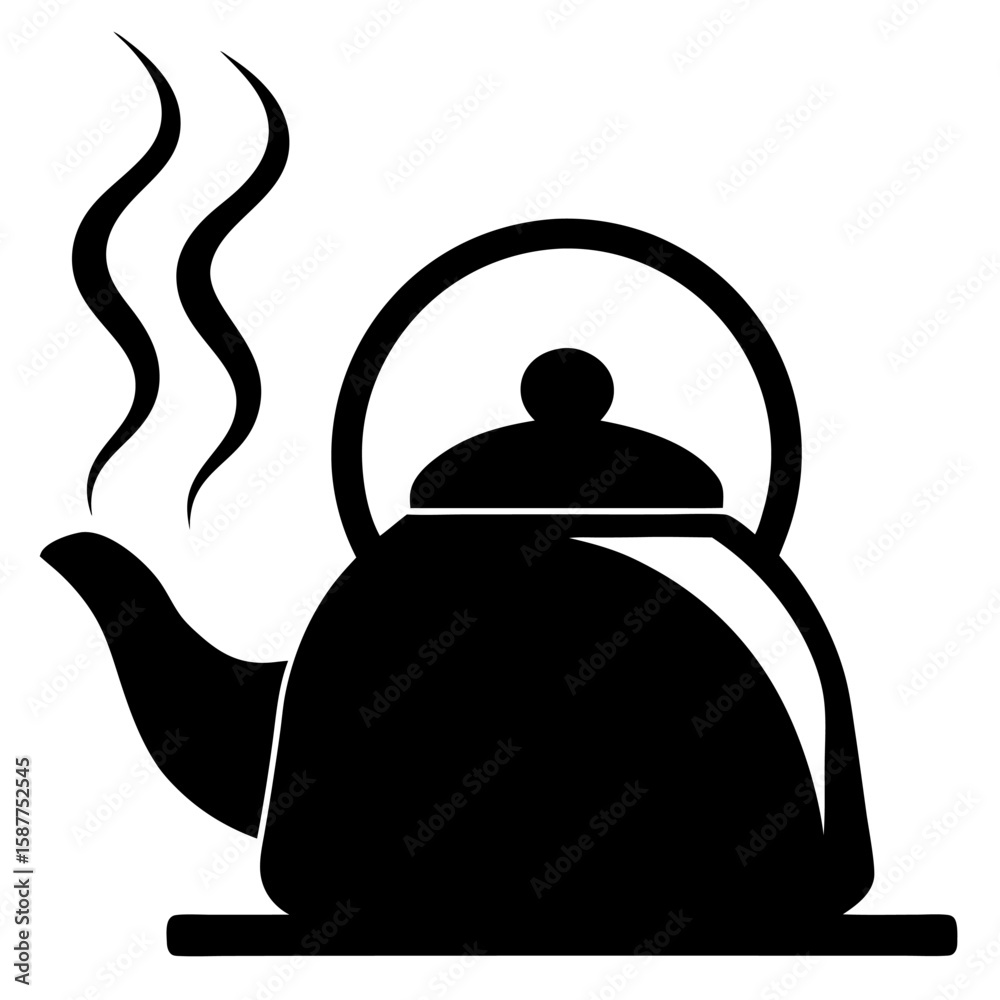 Obraz premium Simple black silhouette of a kettle with steam rising isolated on white background