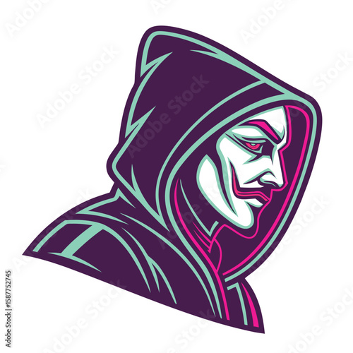 Mysterious Hooded Figure: Neon Vector Art