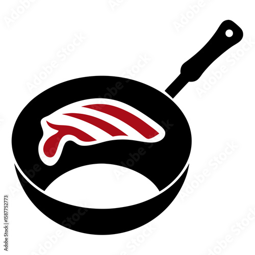 Silhouette of a frying pan with cooked bacon strips isolated on white background