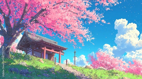 A serene Japanese shrine nestled beneath the vibrant canopy of blooming cherry blossoms creating a peaceful vista under
