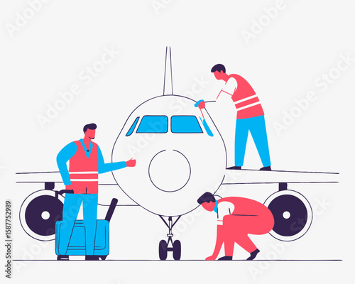 Aircraft maintenance crew working on a plane depicted in a colorful modern flat design illustration