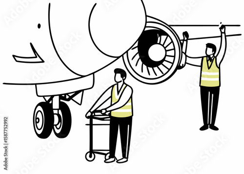 Aircraft maintenance crew working around airplane engine and landing gear showing safety vests on white background